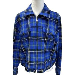 Vintage Express‎ Jacket Medium Blue Plaid Wool Classic Tartan Shirt Jacket Zip